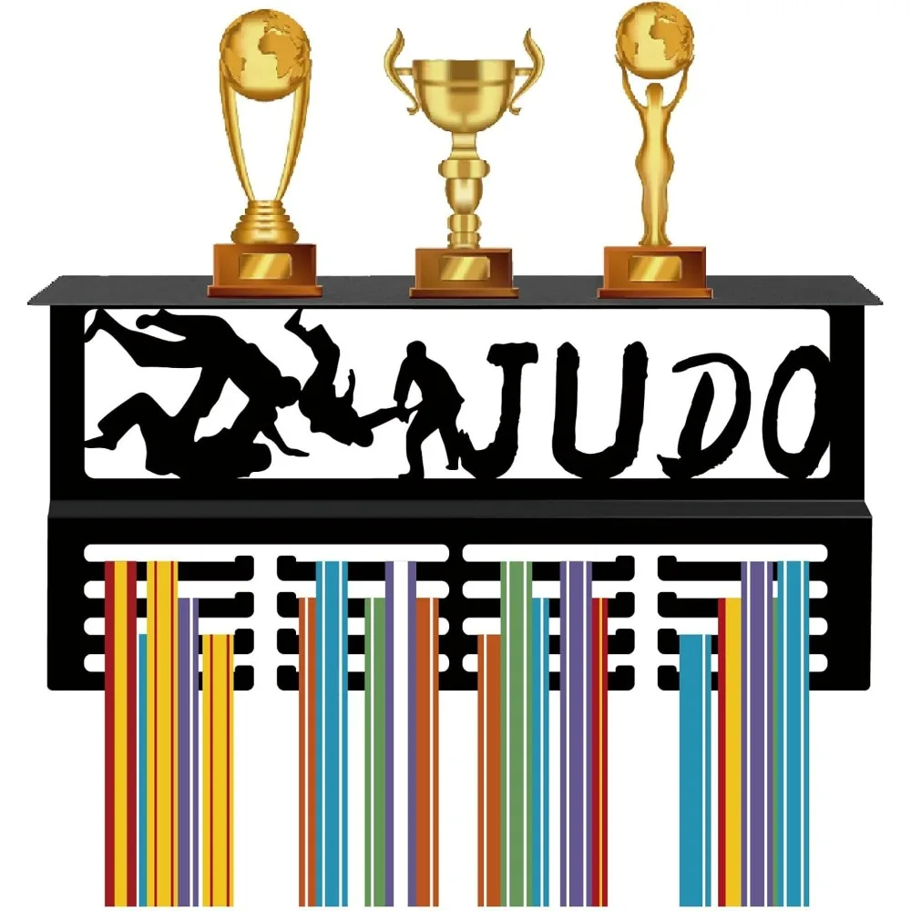 Judo Medal Trophy Display Shelf Medal Hanger Display Shelf with 16 Hooks Stand Sports Wall Mount Hold 70+ Medals Holder Hanger