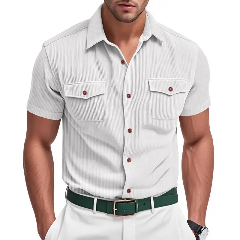 

Summer Corduroy Safari Style Men Solid Multiple Pockets Short Sleeve Smart Casual Shirt Man Turn-Down Collar Daily Blouse