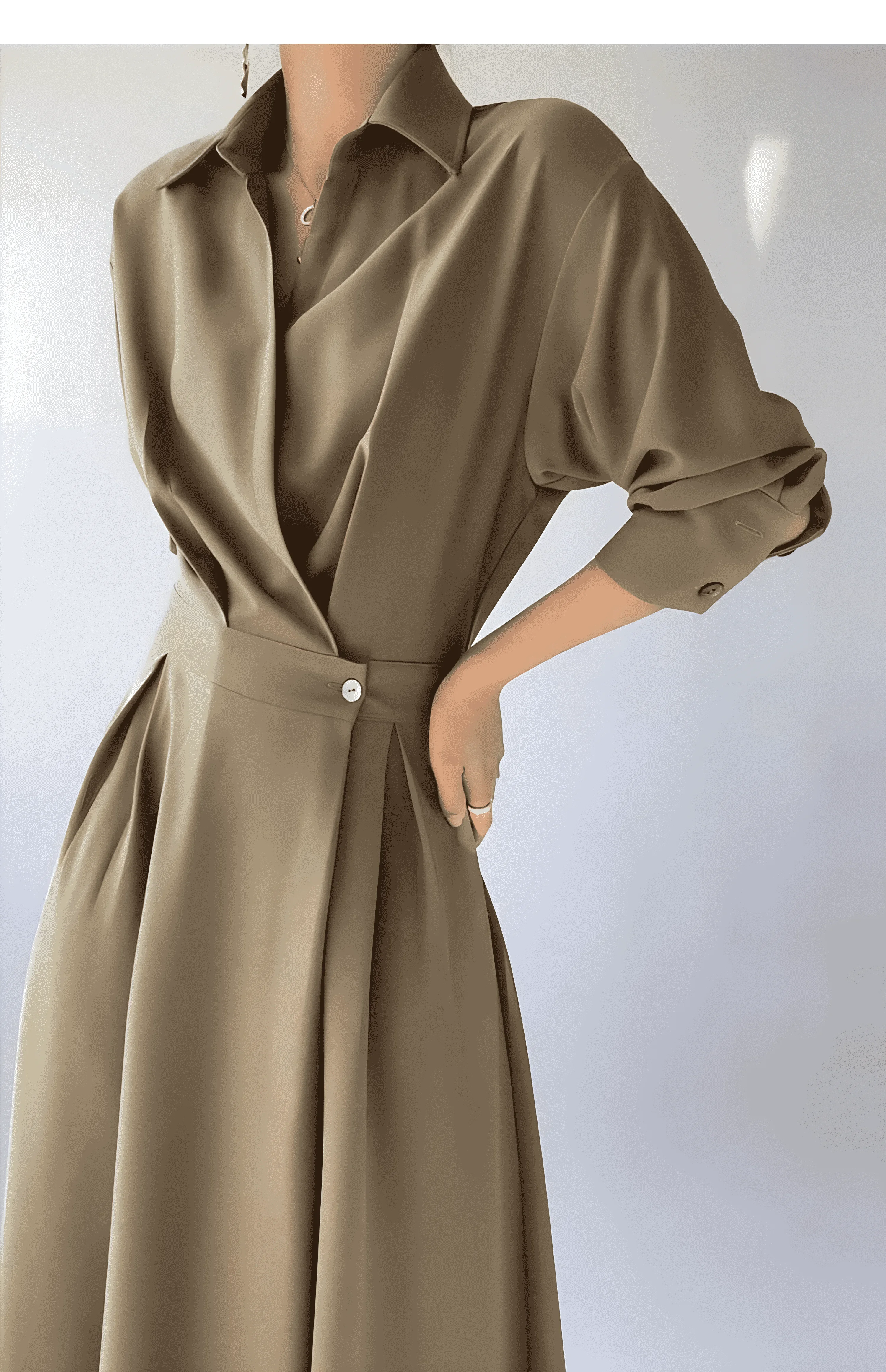 Langärmliges Revers-Hemdkleid für Damen im Frühling und Herbst, stilvolles, elegantes, einfaches koreanisches langes Pendlerkleid