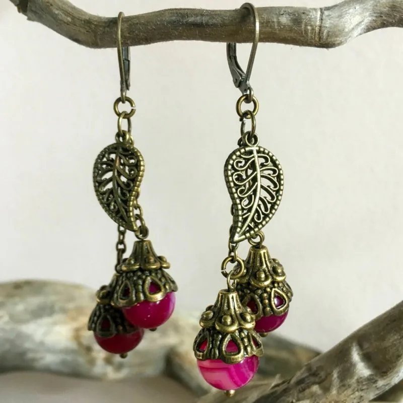 Boho Leaves Drop Earrings For Women Brinco Carved Vintage Tibetan Silver Bohemian Red Beads Long Earrings boucle d’oreille