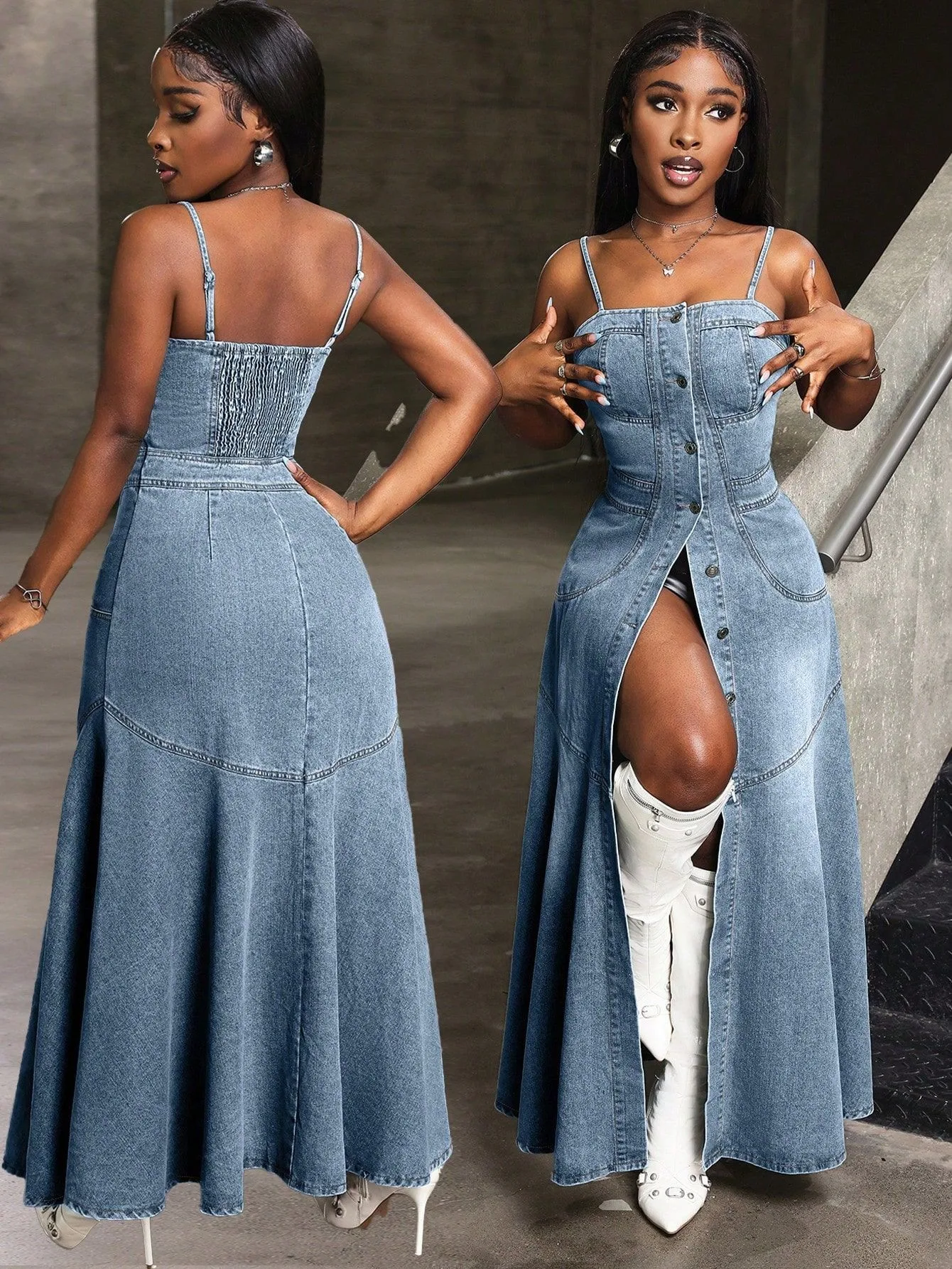 Sommerliche Damenkleidung, sexy Outfits, trägerloses, hochtailliertes, langes Jeanskleid für gerade geschnittene, lässige Maxikleider aus Baumwolle