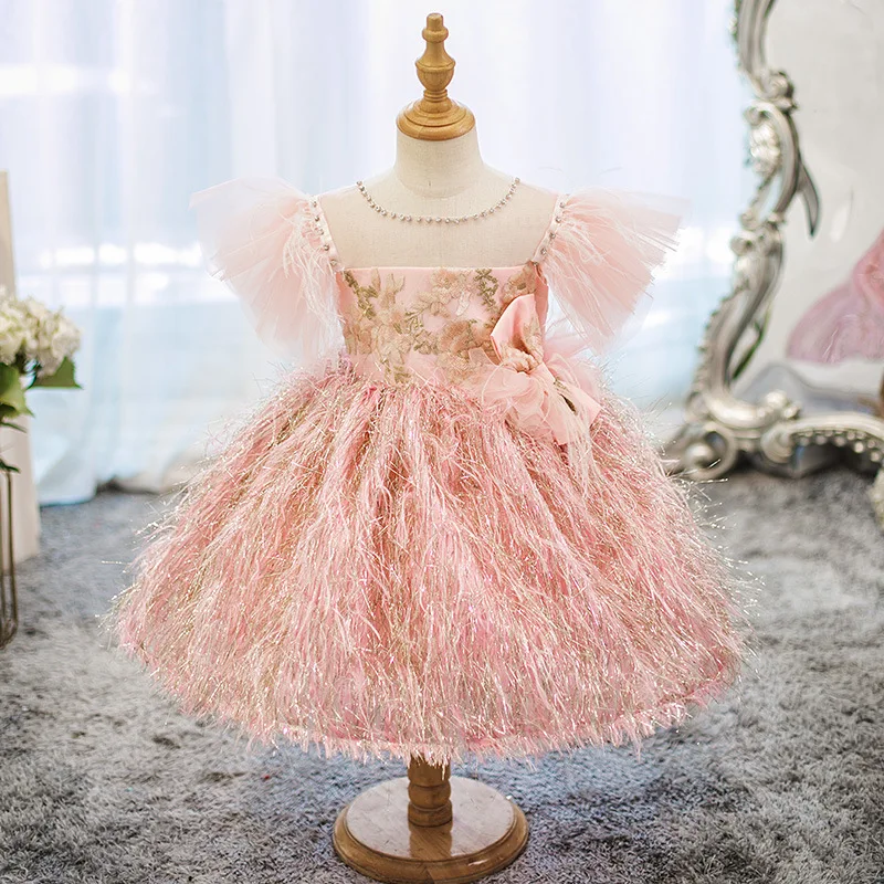 

1-2 years pink baby birthday dresses for girls party European and American feather tutu children's princess 3-12 yeasrs