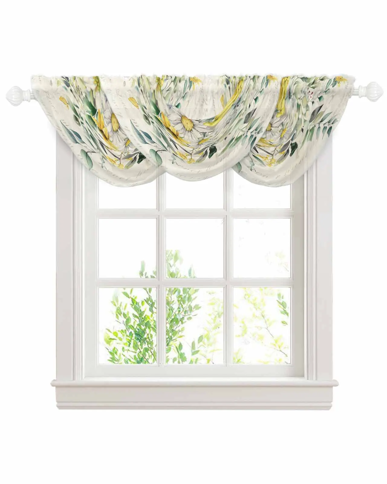 Cortinas de tul irregulares para sala de estar, cortina transparente de gasa para cocina, planta, hojas de eucalipto, campo, flor de salvia, margaritas amarillas