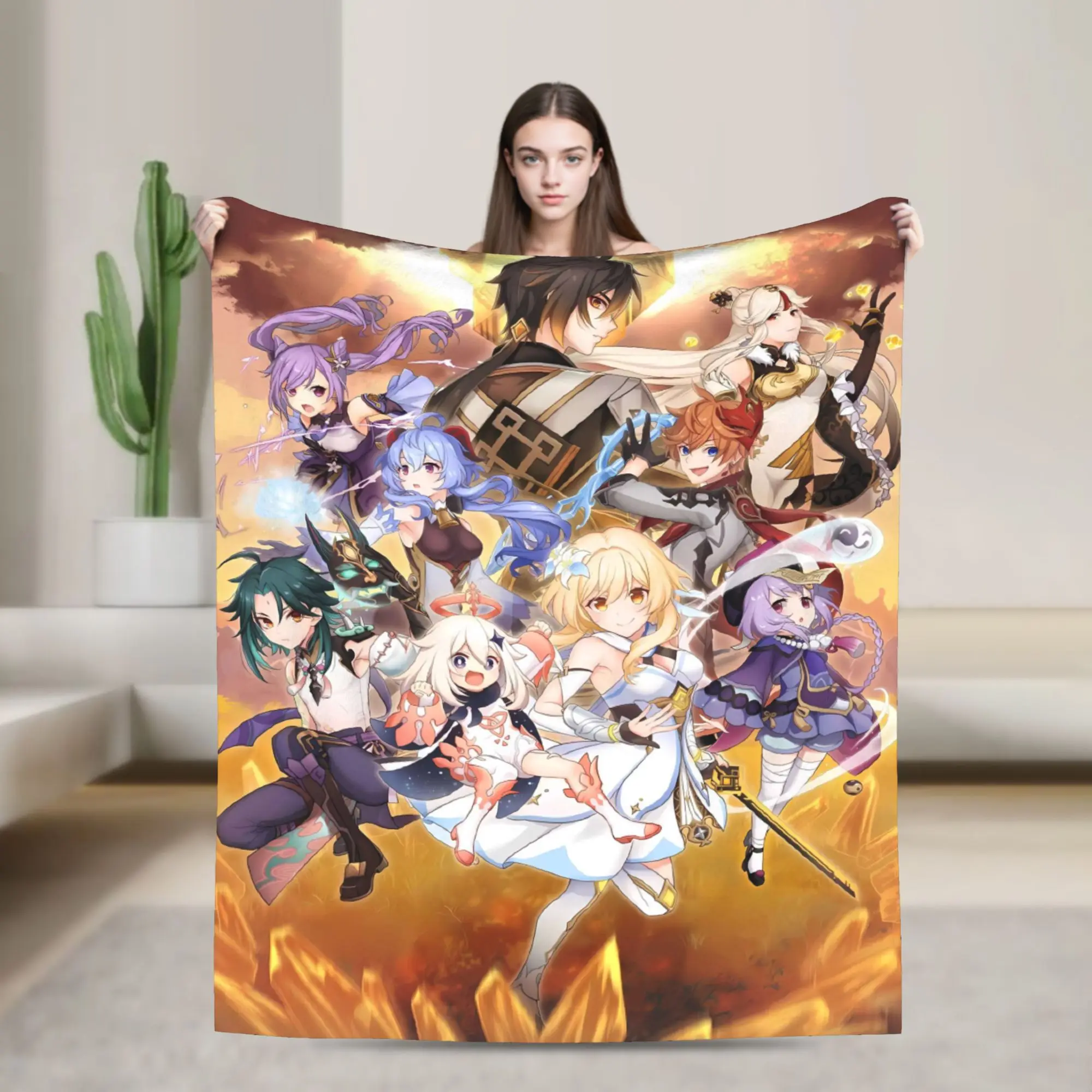 

Genshin Impact Cartoon Game Blanket Warm Soft Print Plush Throw Blanket For Boy Girl Home Decor Flannel Bedspread Bed Cover