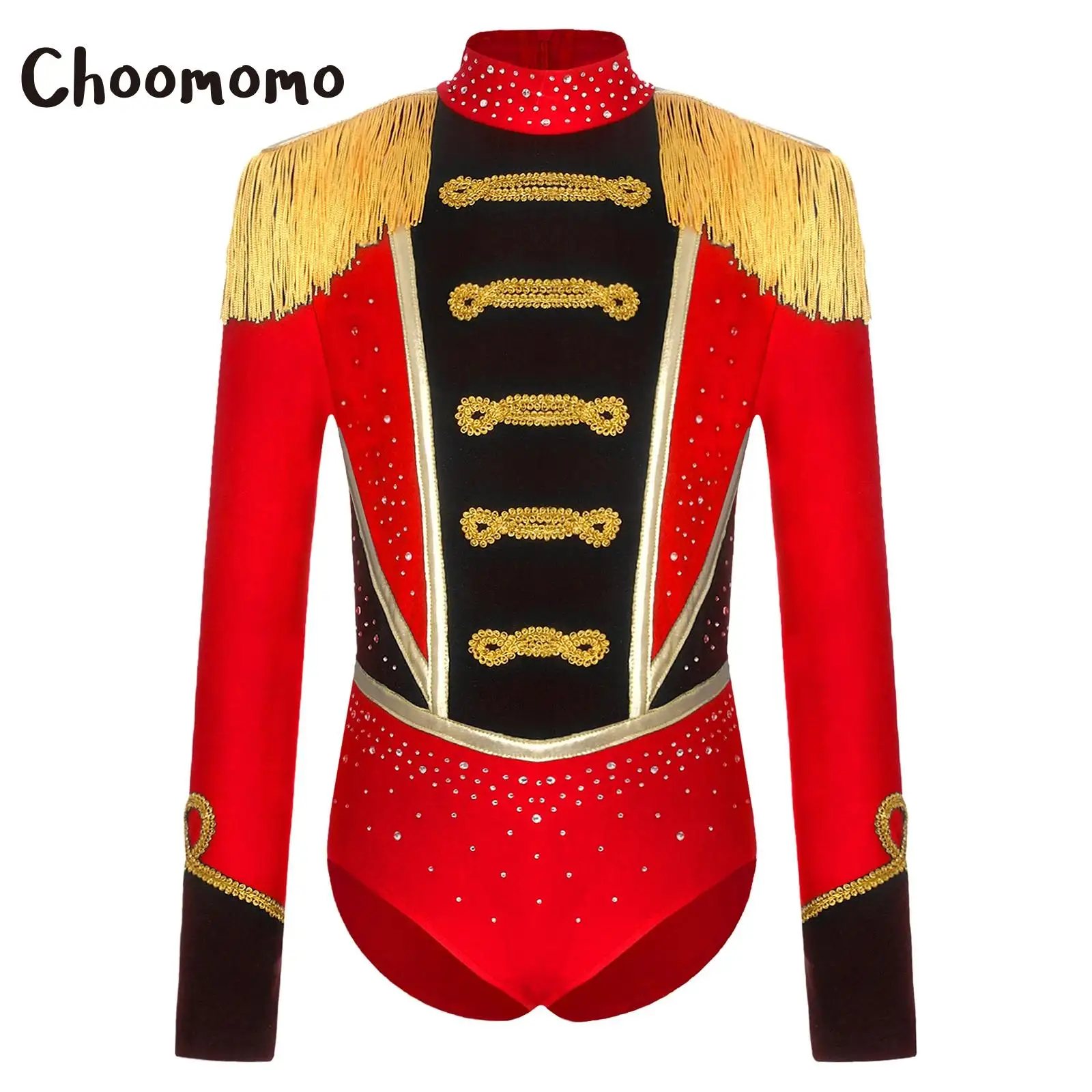 

Girls Circus Ringmaster Costume Rhinestones Long Sleeve Fringed Epaulet Leotard Jumpsuit Bodysuit Halloween Magician Lion Tamer