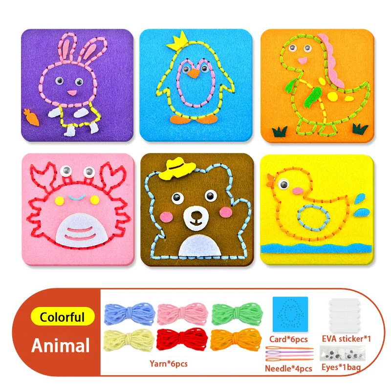 Montessori tecido não tecido laço brinquedos para crianças dos desenhos animados kit de costura animal habilidade motora fina placa ocupada diy arte artesanato
