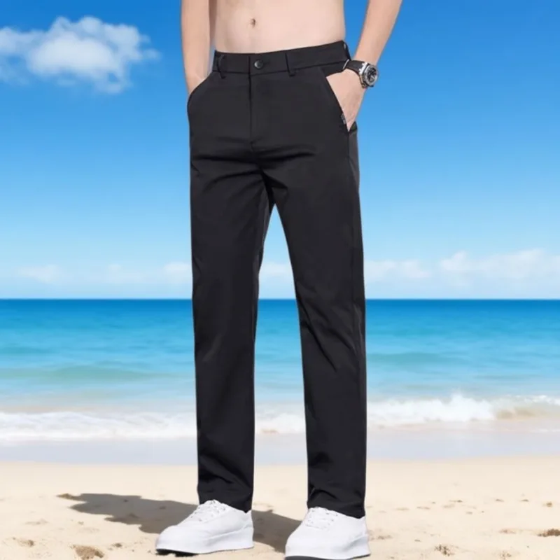 Mens Mid Waist Stretch Straight Leg Lightweight Breathable Business Casual Chino Pants