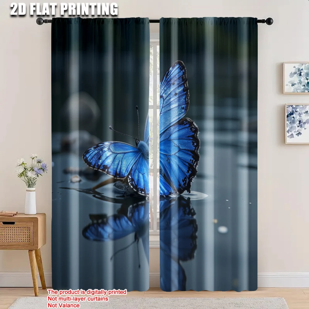 

2pcs, 2D flat printing Curtains blue butterfly Versatile 100% Polyester,Without Electricity Holiday Decorations Suitable for