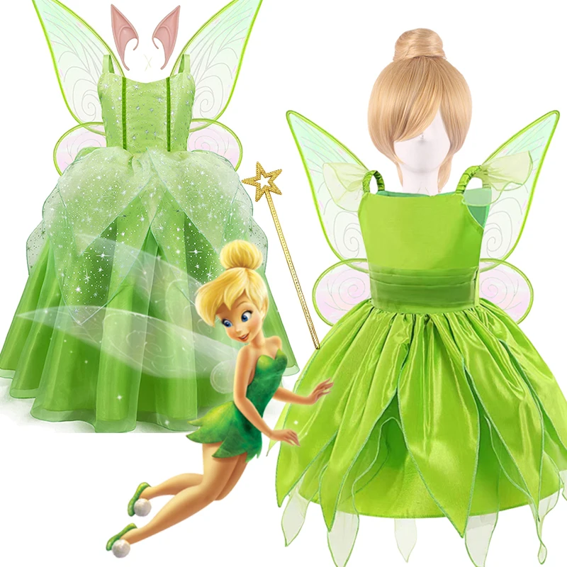 

Girls Cosplay Green Flower Fairy Dress Kids Princess Dress Wings Halloween Costume Elves Party Tinkerbell Tinker Bell Gown Ball