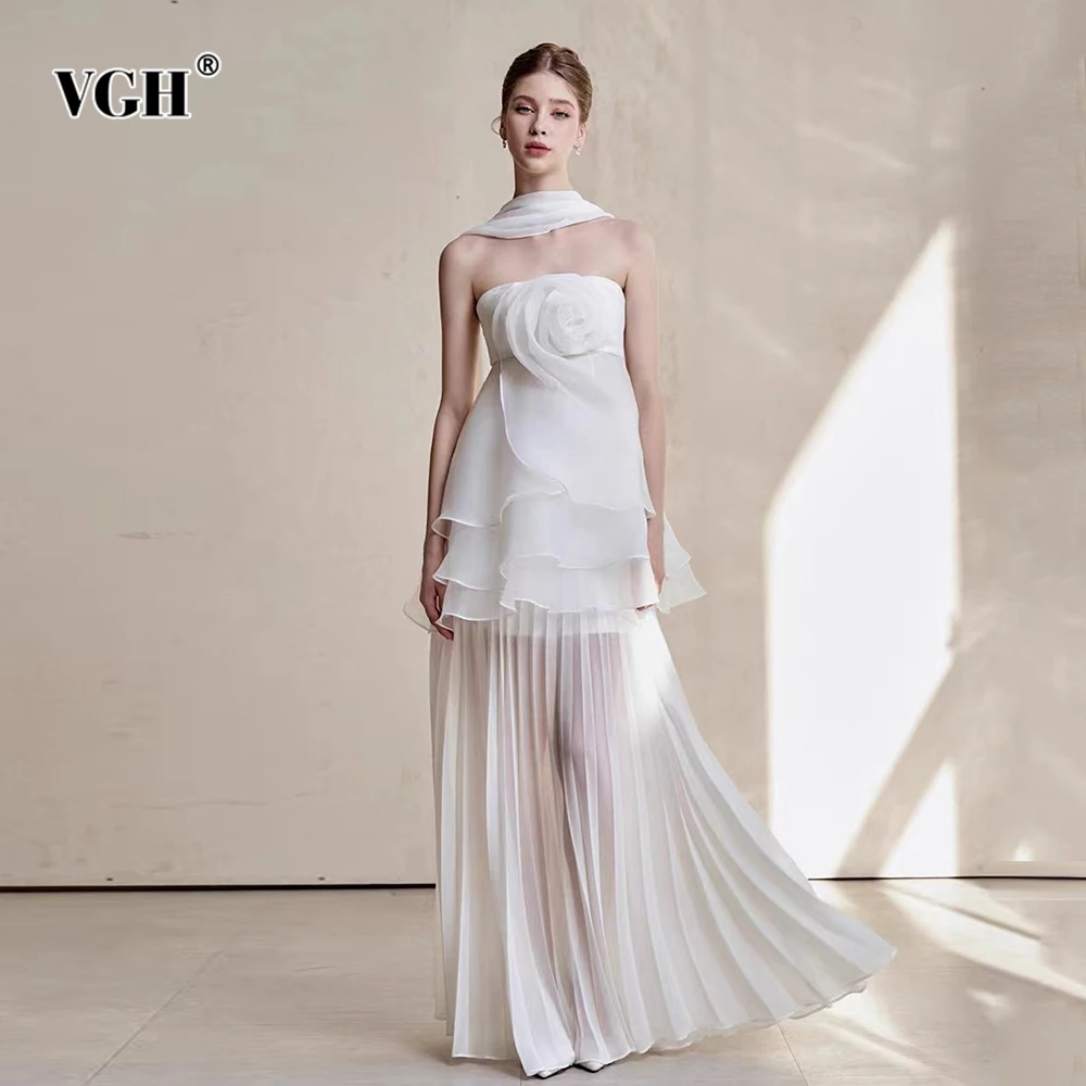 

VGH Solid Designer Spliced Appliques Dinner Dresses For Women Strapless Sleeveless High Waist Elegant Dress Female Fashion New