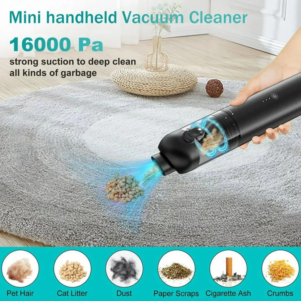 Cordless Handheld Vacuum, Car Vacuum Portable for Home/Car, 16000Pa Suction, 3-Layer HEPA High-Efficiency Filtration System