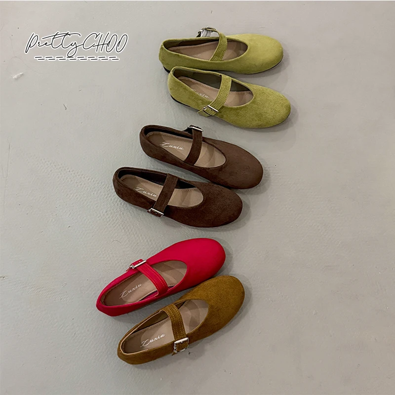 

Classic Suede Mary Jane Shoes Woman Autumn Solid Color Square Toe Buckle Strap Ballet Flats Ladies Red Green Shallow Soft Loafer