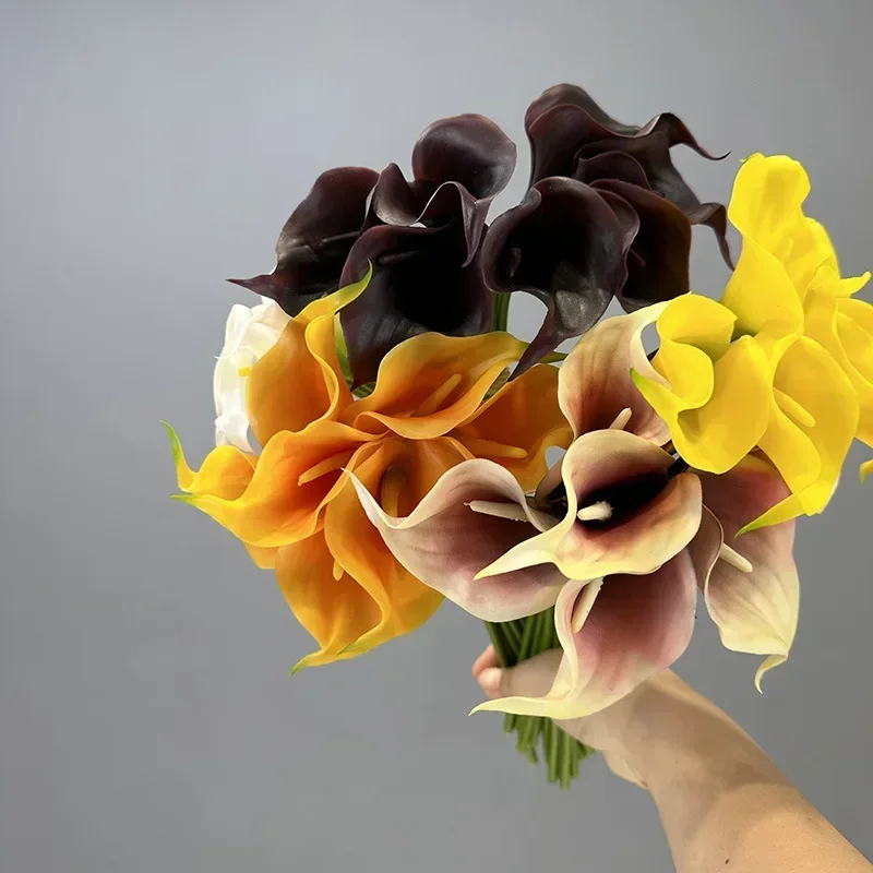 2pcs Artificial Flowers Soft Glue Calla Lilies Bouquet Real Touch Simulation Flower Orange Calla Lily Auditorium Decoration