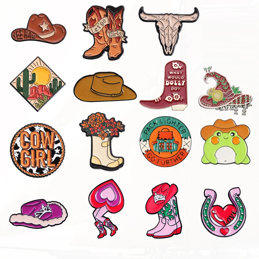 Flower Boots Bullcat Cow Girls Horseshoe Cute Cowboy Frog Backpack Metal Badge Punk Pins Jewelry Creative Cowboy Metal Pin Hat