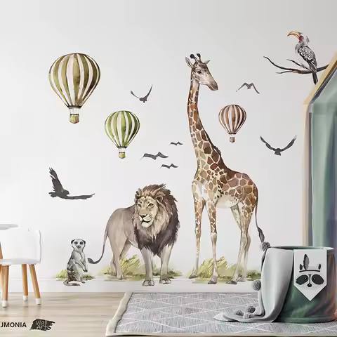 Watercolor Safari Giraffe Animal Bird Wall Sticker Playroom Bedroom Jungle Woodland Wildlife Wall Decal Home Decor