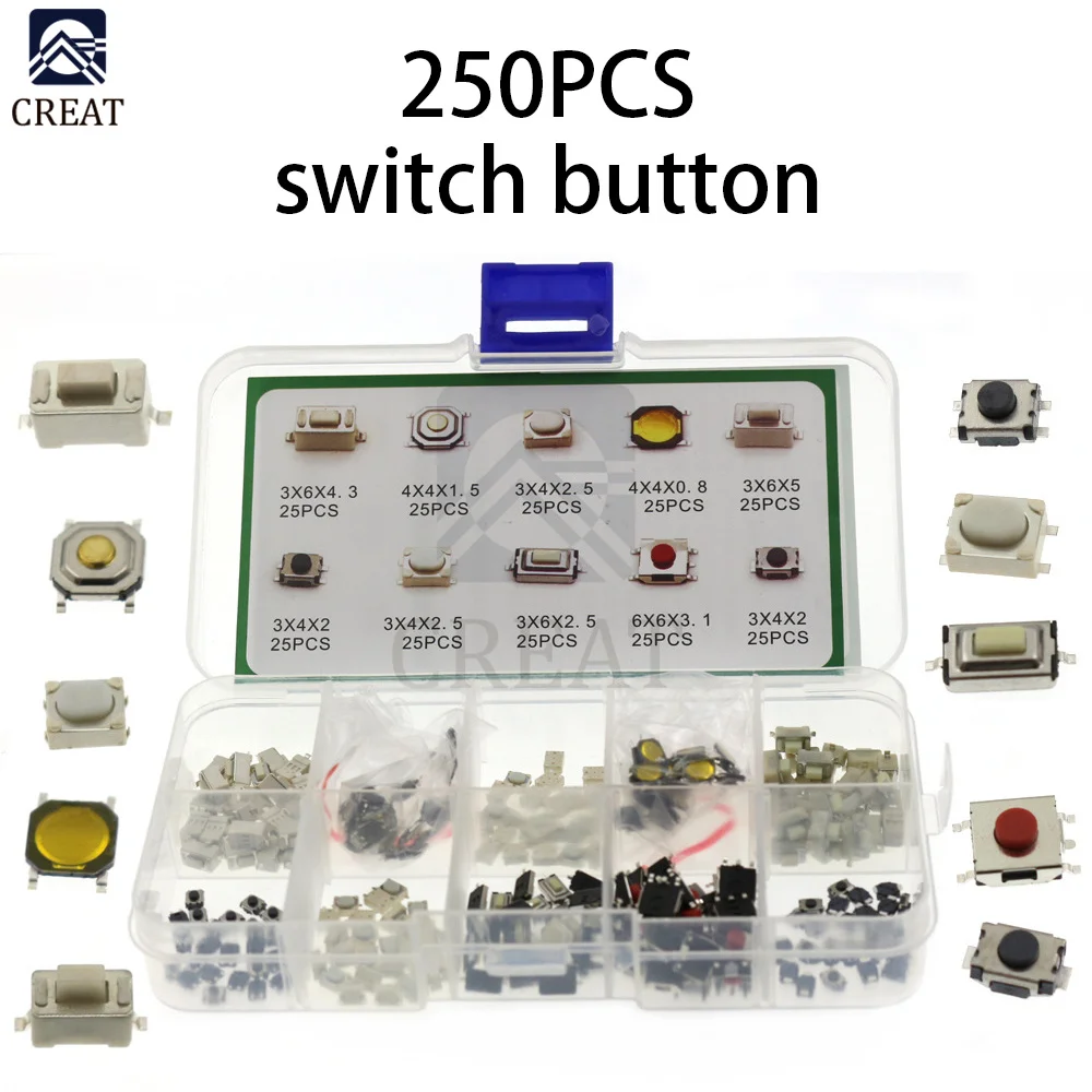 

250Pcs/Box 10 Kinds Car Remote Control Key Touch Switches Micro Momentary Tact Tactile Patch Button Switch Assortment Kit