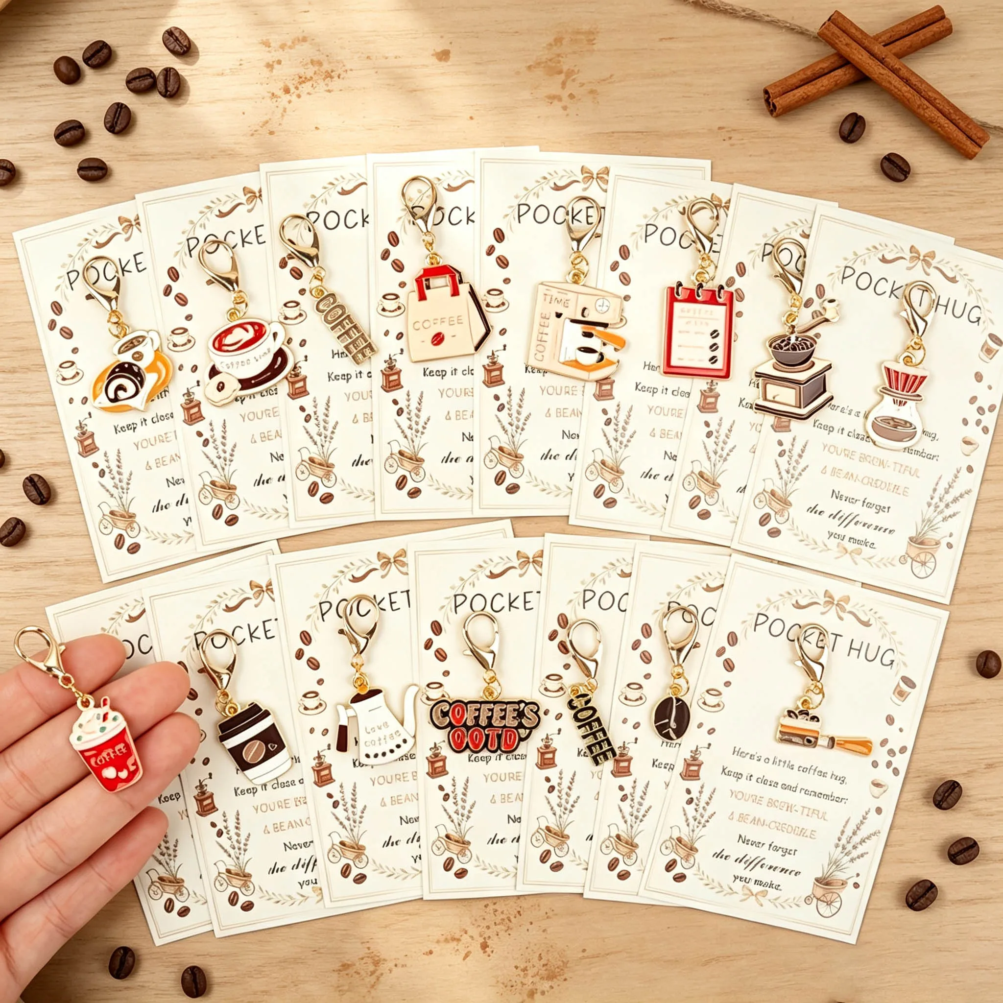 15 Novelty Coffee-Themed Keychains Featuring Coffee Cups, Coffee Makers, Coffee Beans, and Other Coffee Elements, with a Pocket-Sized Greeting Card, Perfect as a Gift for Coffee Enthusiasts, and a Great Decorative Bag Pendant.