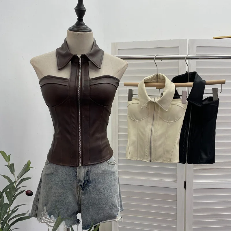 PU Leather Turn Down Collar Halter Backless Tank Tops Women Sexy Padded Strapless Zipper Slim Casual Vests Hottie Y2K Clubwear