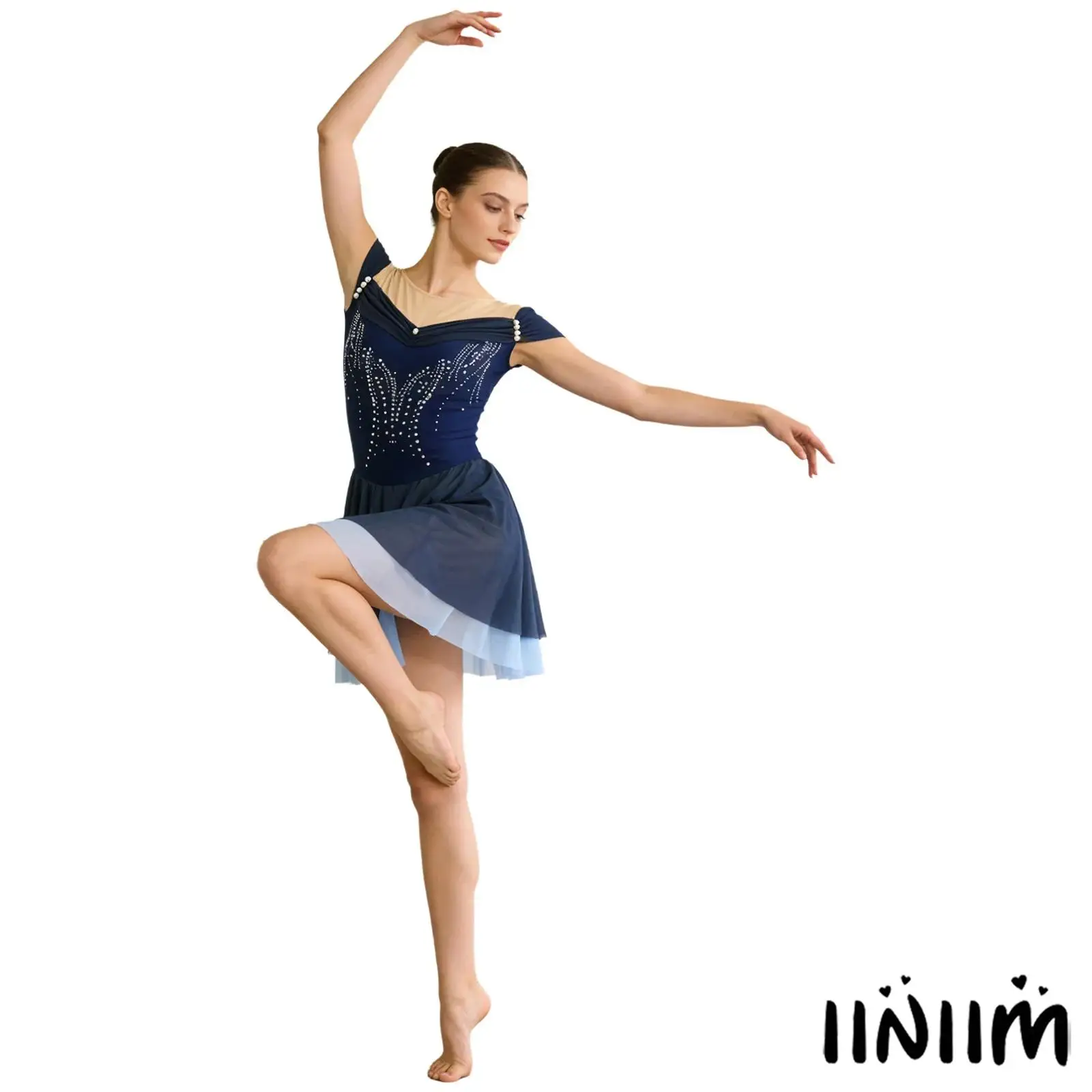 

Rhinestone Ice Skating Dance Competition Dress for Women Cap Sleeve Tiered Mesh Hem Leotard Dress for Gymnastics Ballet Costume