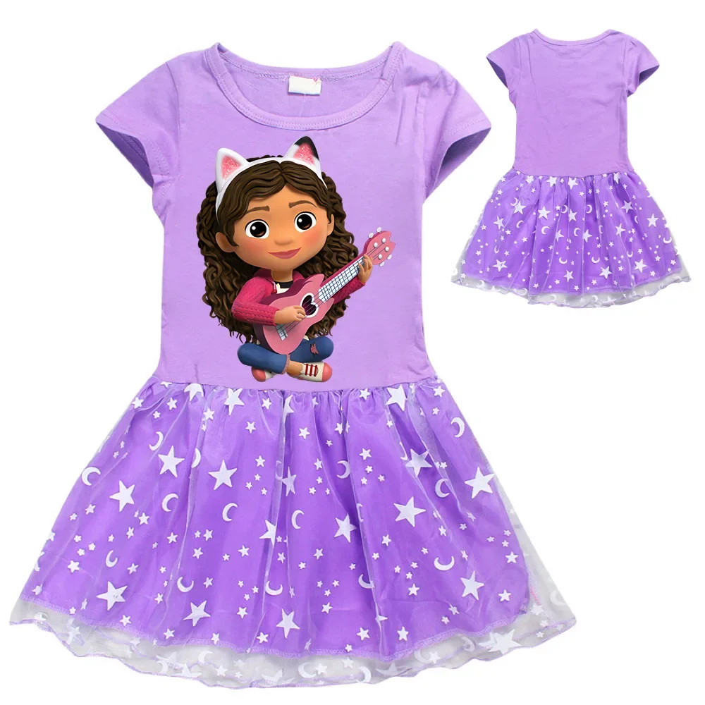 Gabby Doolhouse Clothes for Baby Girls Summer Short Sleeve Dresses Kids Cartoon Gabby Cats Dress Children Lace Princess Vestidos