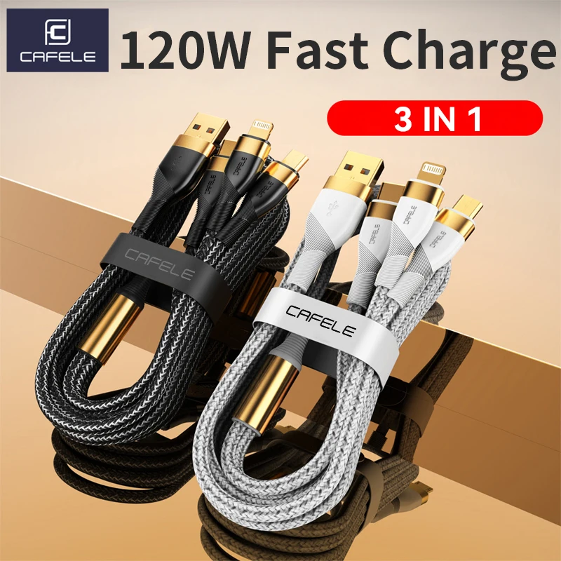 

CAFELE Multi USB Charger Cable for iPhone 11 12 13 14 15 16 3 in1 Fast Charging Cord Type C Lightning Micro 120W Data Line