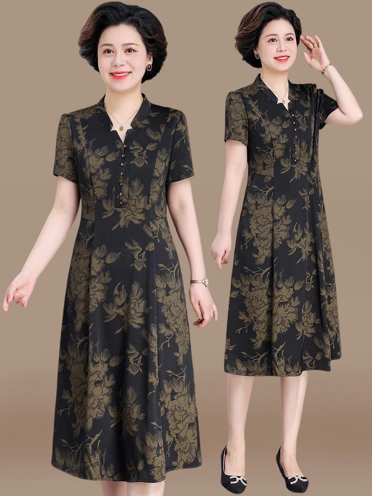 

Стильное летнее платье-ципао миди для женщин среднего возраста: модное, элегантное, из полиэстера, с V-образным вырезом, на одной пуговице, тонкое