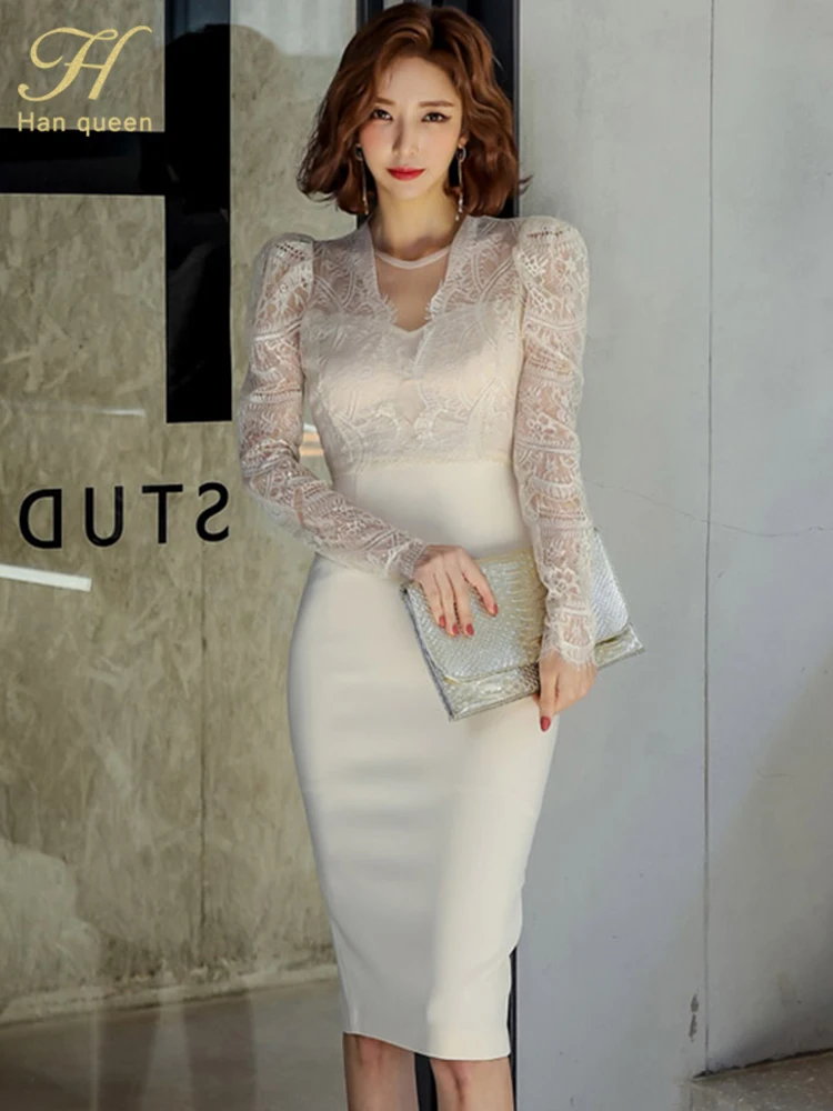 H Han Queen Hot sale Autumn White Bodycon Pencil Lace Dress Sexy Business Party Chic Long Sleeve Women Casual Simple Dresses