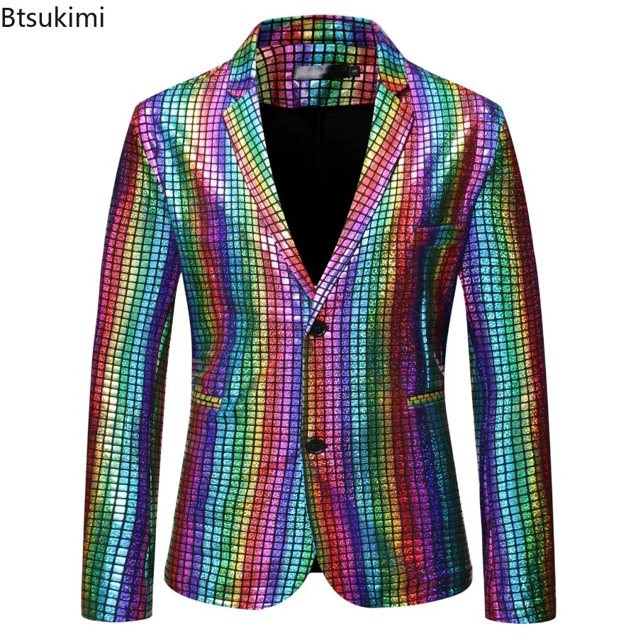 

Новинка 2025 года, мужской сценический костюм для выпускного вечера, трендовый блестящий Радужный клетчатый пиджак, одежда для певицы, танцевальная одежда, фестивальный костюм на Хэллоуин, Homme