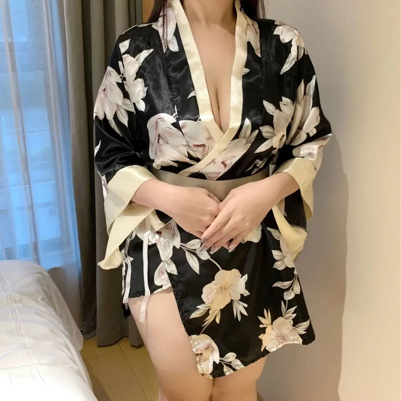 Plus Size Sexy Lingerie Sakura Kimono Lovely Japanese Cosplay Uniform Roleplay Robe Floral Bathrobe Short Night Dressing Gown