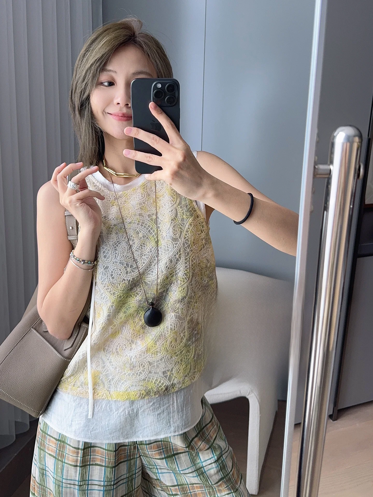 

Meiyang Totem Lace Cover up Acetate Inner Two Piece Vest Casual round Neline Loose Fit Women's Faion Ensemble