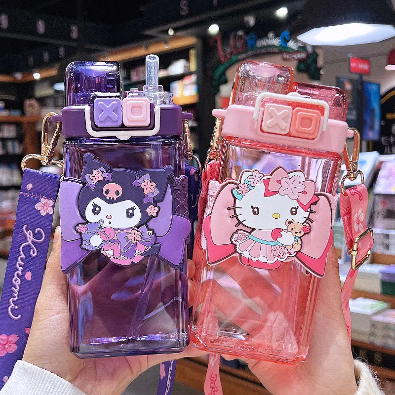 Miniso Sanrio Sakura Series Double Drinking Straw Water Cup Kuromi Cinnamoroll Hello Kitty Children'S Water Cup Portable Kettle