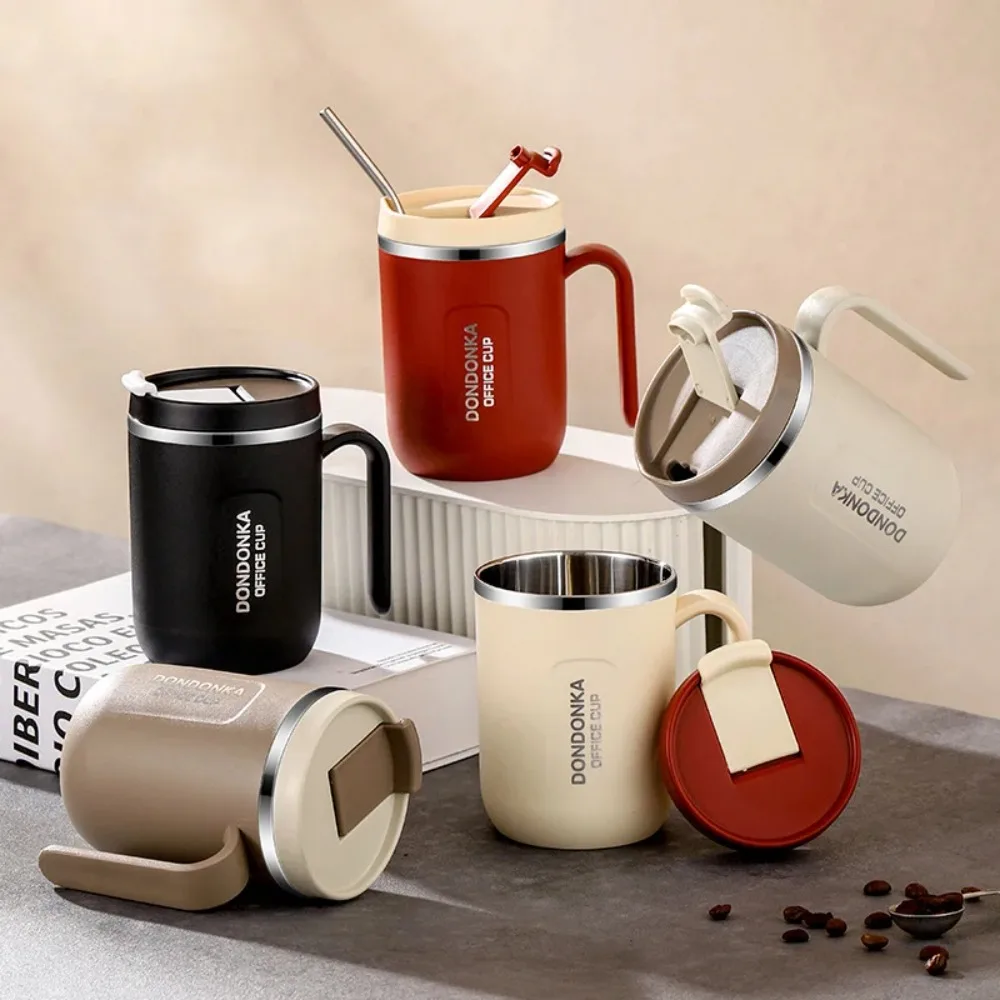 

500ML Insulated Coffee Cups Stainless Steel Mugs with Straw Portable Travel Mug Handle Cup Drink Insulation And Cold Insulation