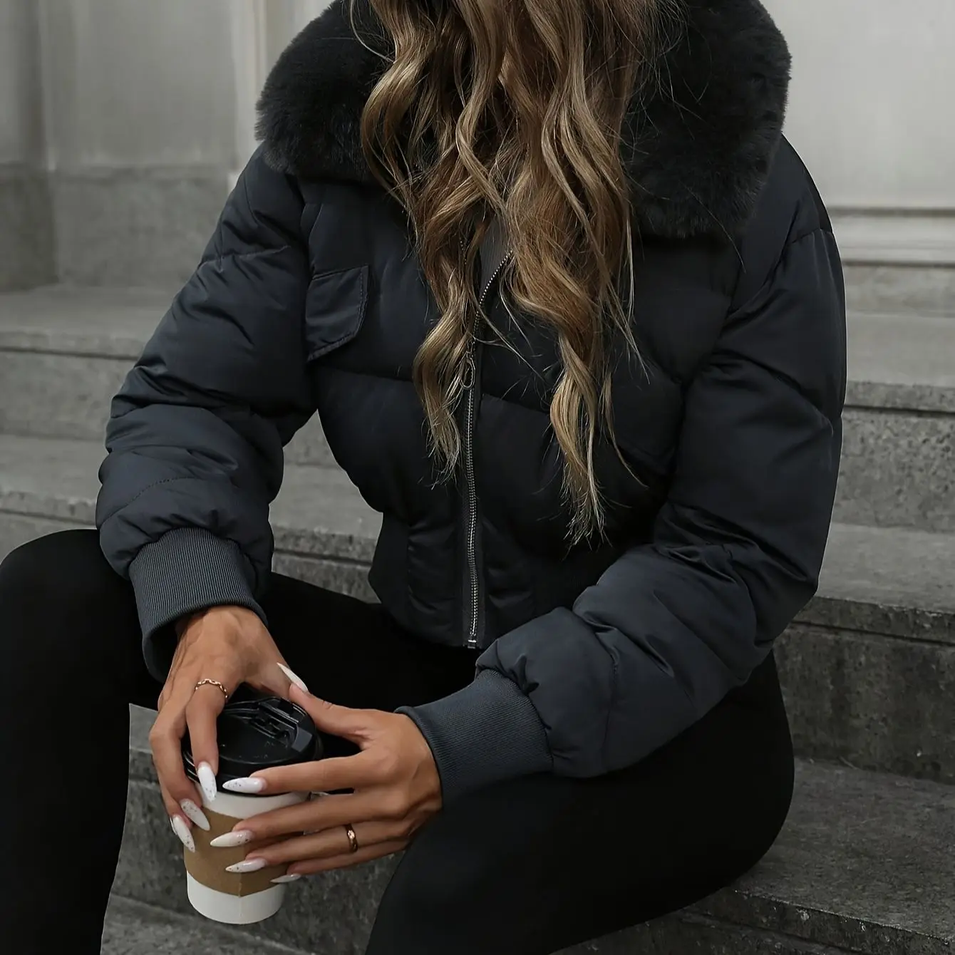 

2025 Winter New Style Waist Cinching Fluffy Collar Pocket Thickened Warm Jacket