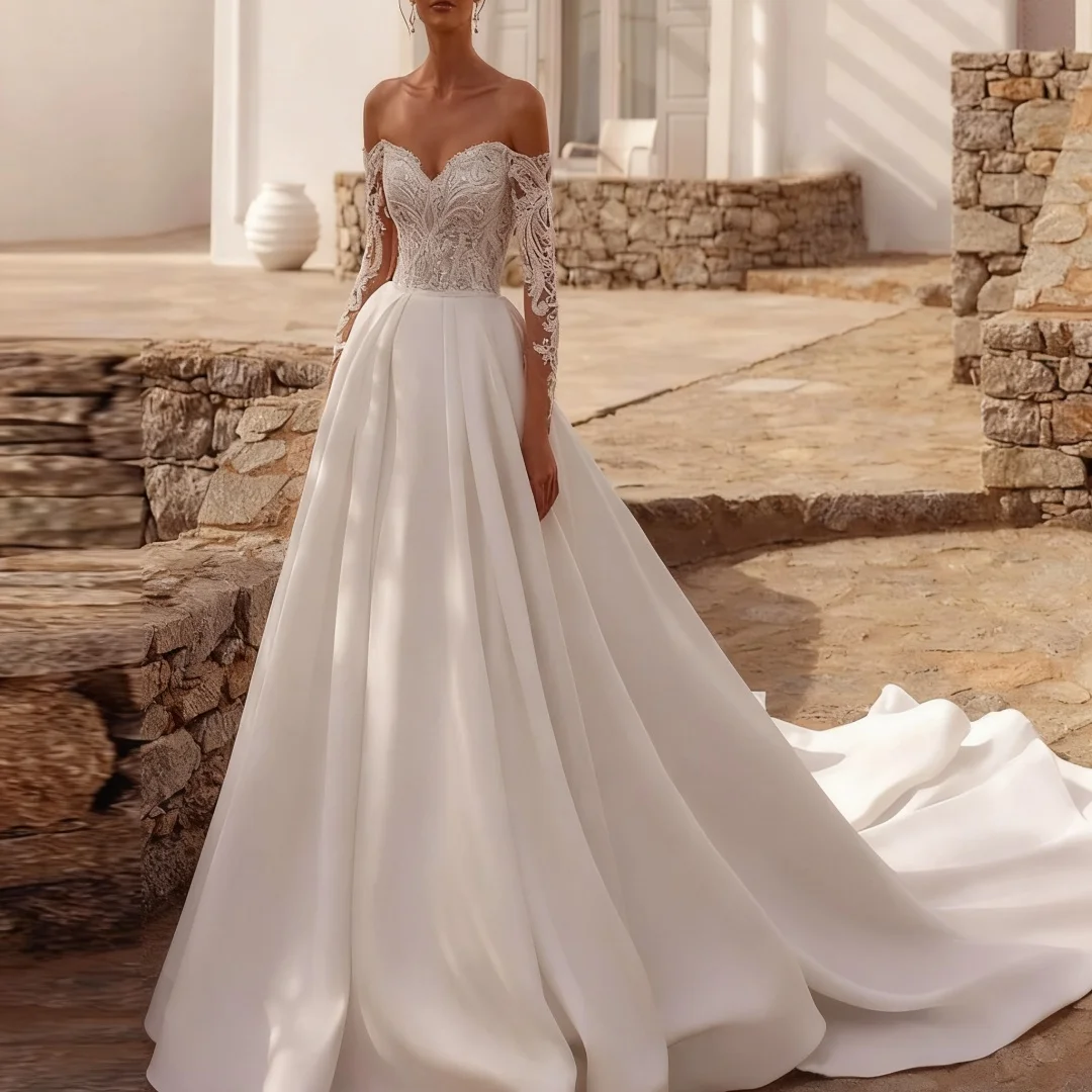 

Изысканные роскошные атласные свадебные платья трапециевидной формы по индивидуальному заказу для женщин, кружевные платья для выпускного вечера с длинными рукавами, вечерние платья для выпускного вечера невесты