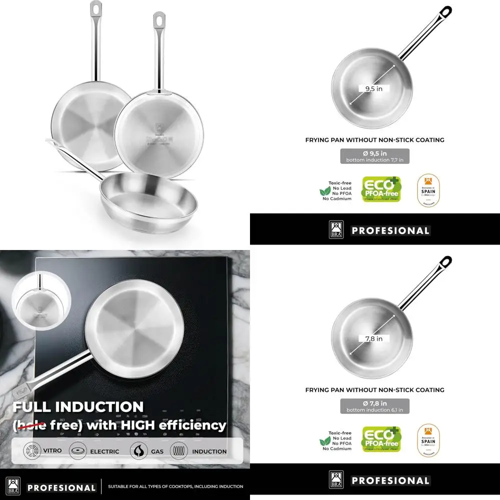 

Professional 3-Piece Frying Pan Set | 8, 9.5, and 10.2 Inch Skillets | Stainless Steel Cookware without Non-Stick Coating | Idea