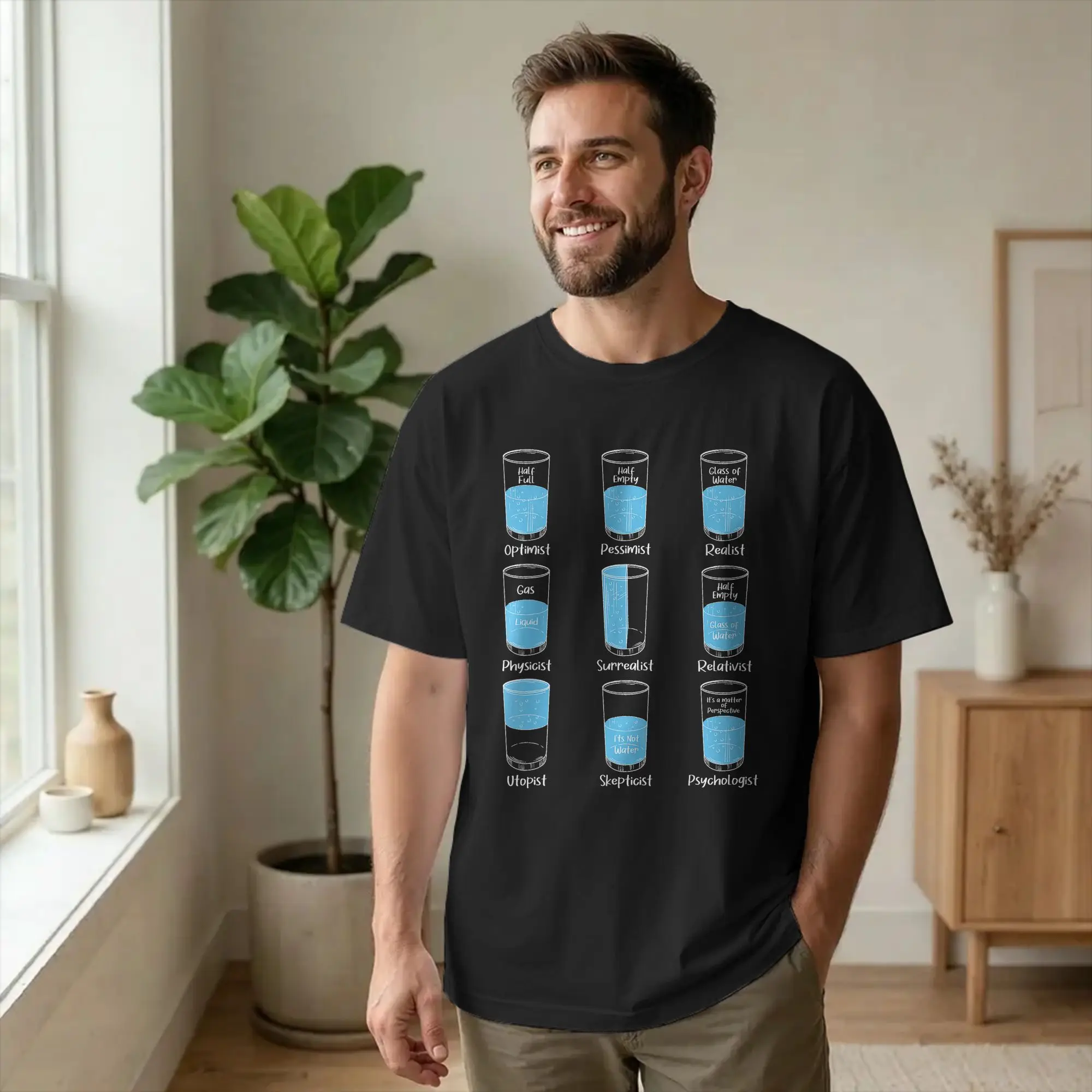 Glass Half Full Empty Meme T-Shirt Men Psychology Funny Funny Cotton Tee Shirt Round Collar Short Sleeve T Shirts Summer Clothes