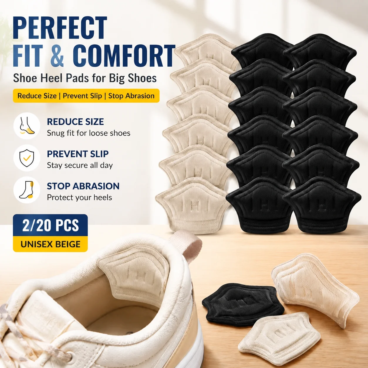 Shoe Heel Pads for Big Shoes, High Elastic Foam Insert Reduce Size, Prevent Heel Slip & Abrasion, Unisex Beige