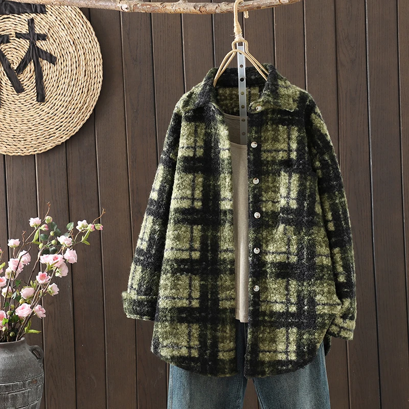 الكورية Sle عارضة Thiened منقوشة فضفاضة تناسب ملابس خارجية هونغ كونغ Sle معطف الصوف زر واحد طويل Sve البوليستر القطن...