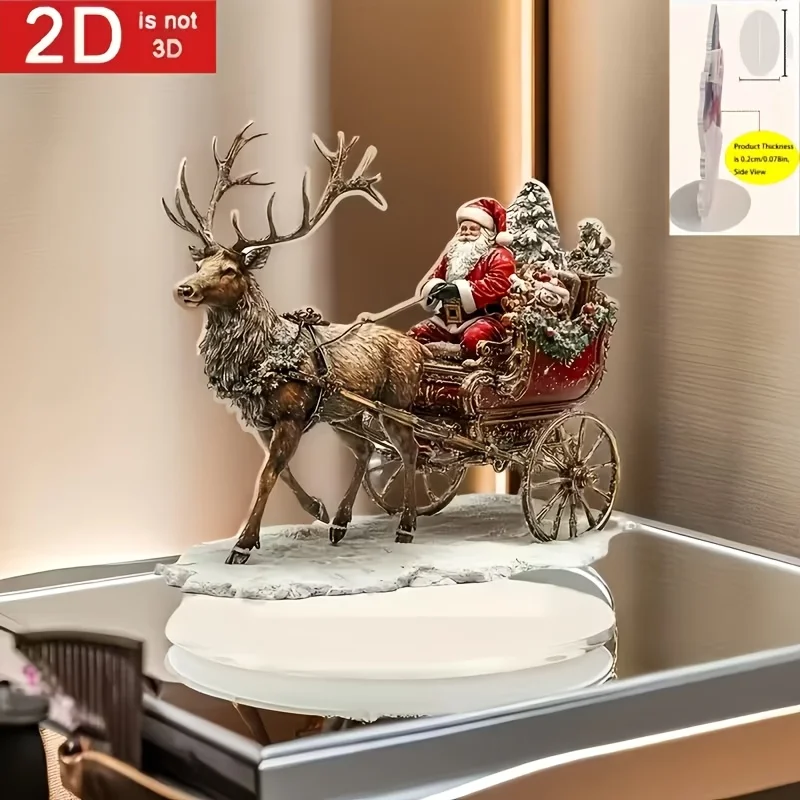 2D Flat, 2D Flat Bohemian Santa Claus Sleigh and Reindeer Desktop Decoration - Battery-Free Christmas Ornament, Easy-to-Clean Ac