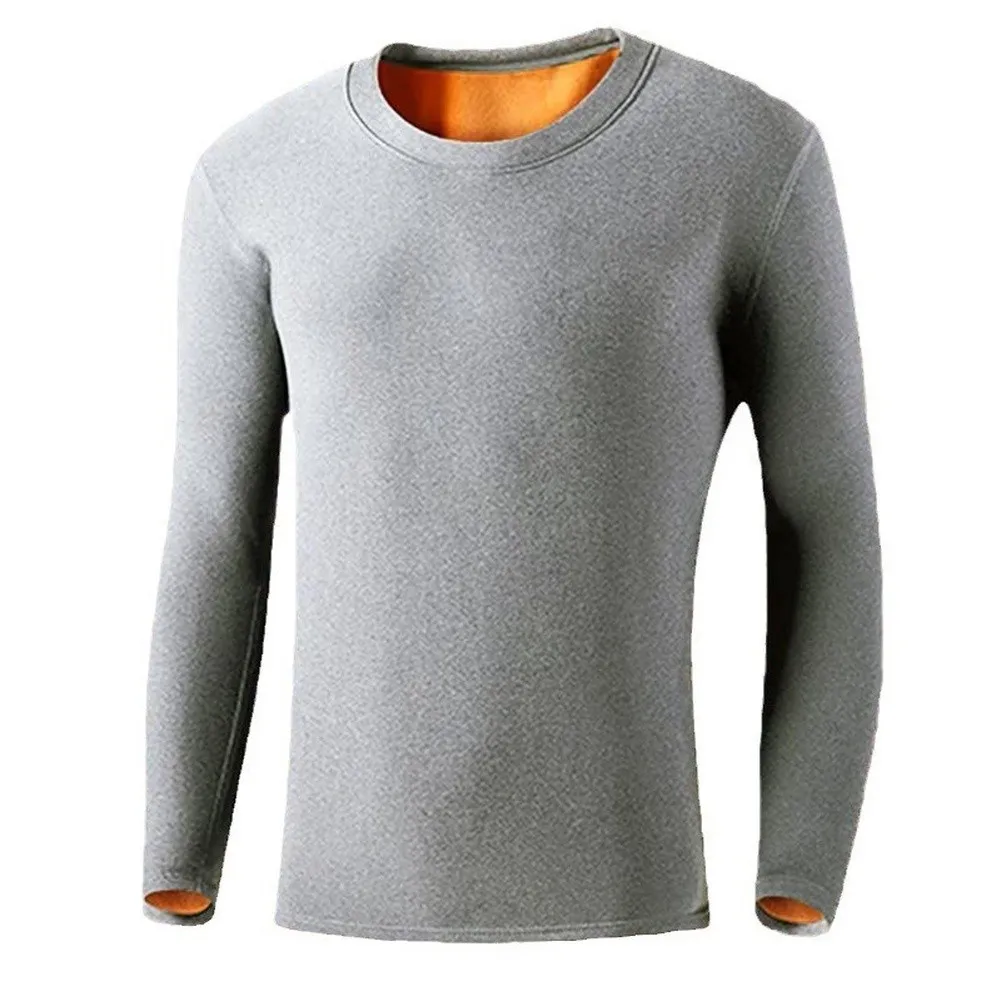 Men's Fleece Thermal Underwear Top Thickened O-Neck Long Sleeve Undershirt Elastic Base Layer For Autumn Winter Black