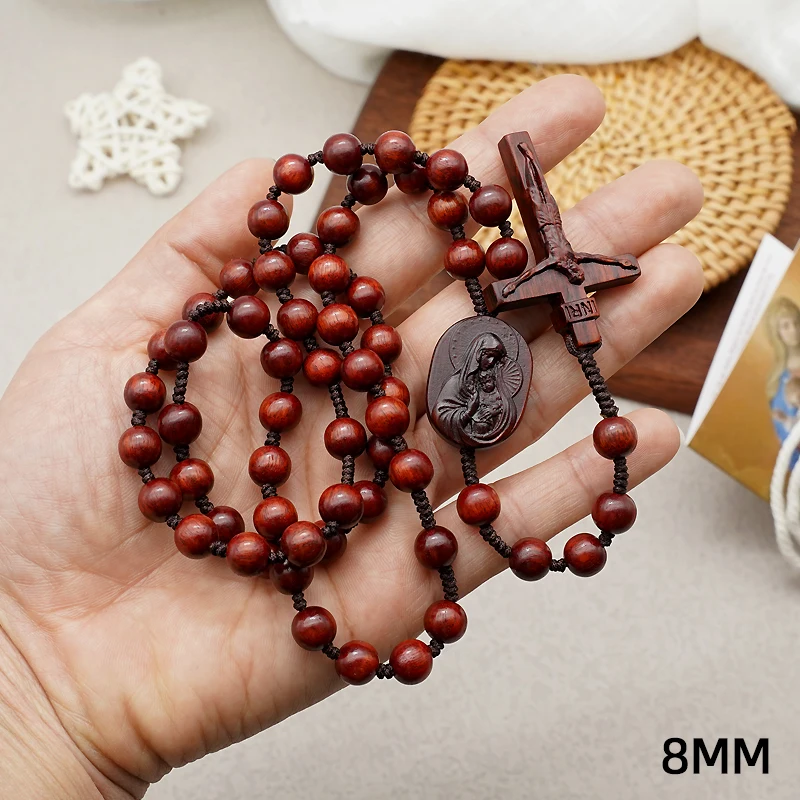 Religion Rosewood Beads Rosary Cross Necklace For Women Men Christian Virgin Mary Cross Wood Pendant Chain Fashion Jewelry 8MM