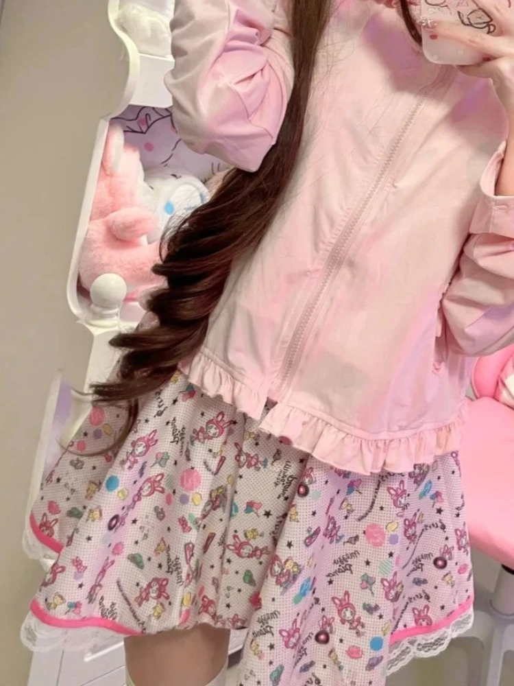 

Японская мини-юбка в горошек в стиле кавайи, милый лолитайский стиль, с принтом кролика, розовая, с ребристой талией и кружевной отделкой, в стиле харадзюку