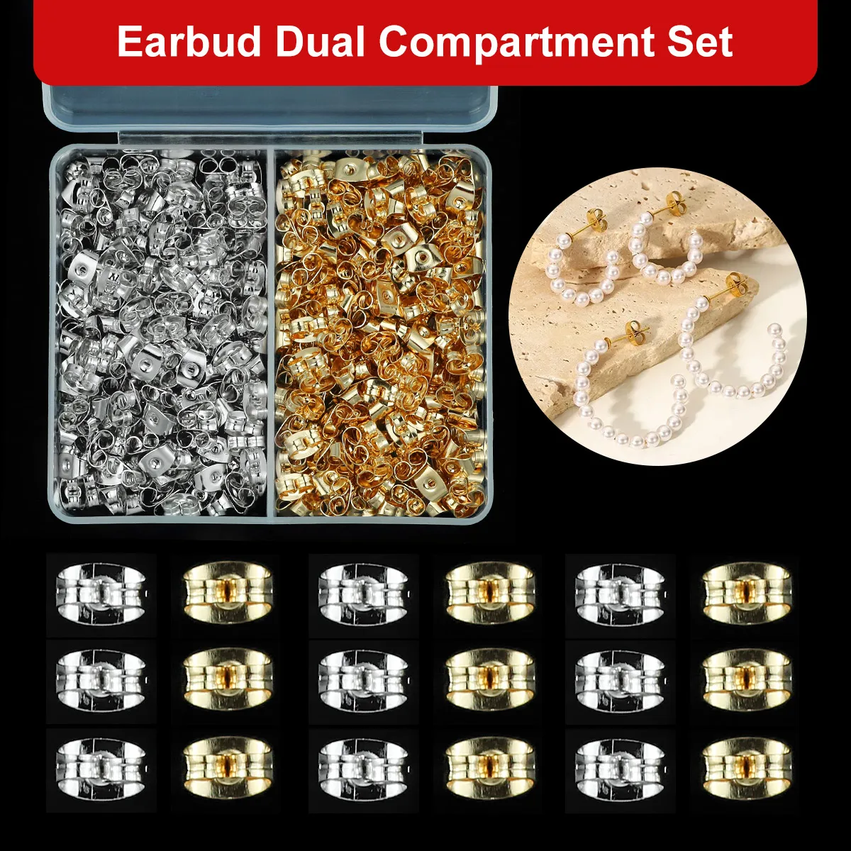 Golden,Silvery 400pcs/Box Earbud Dual Compartment Set Loose Spacers Beads For DIY Jewelry Making Decorative Earring Accessories