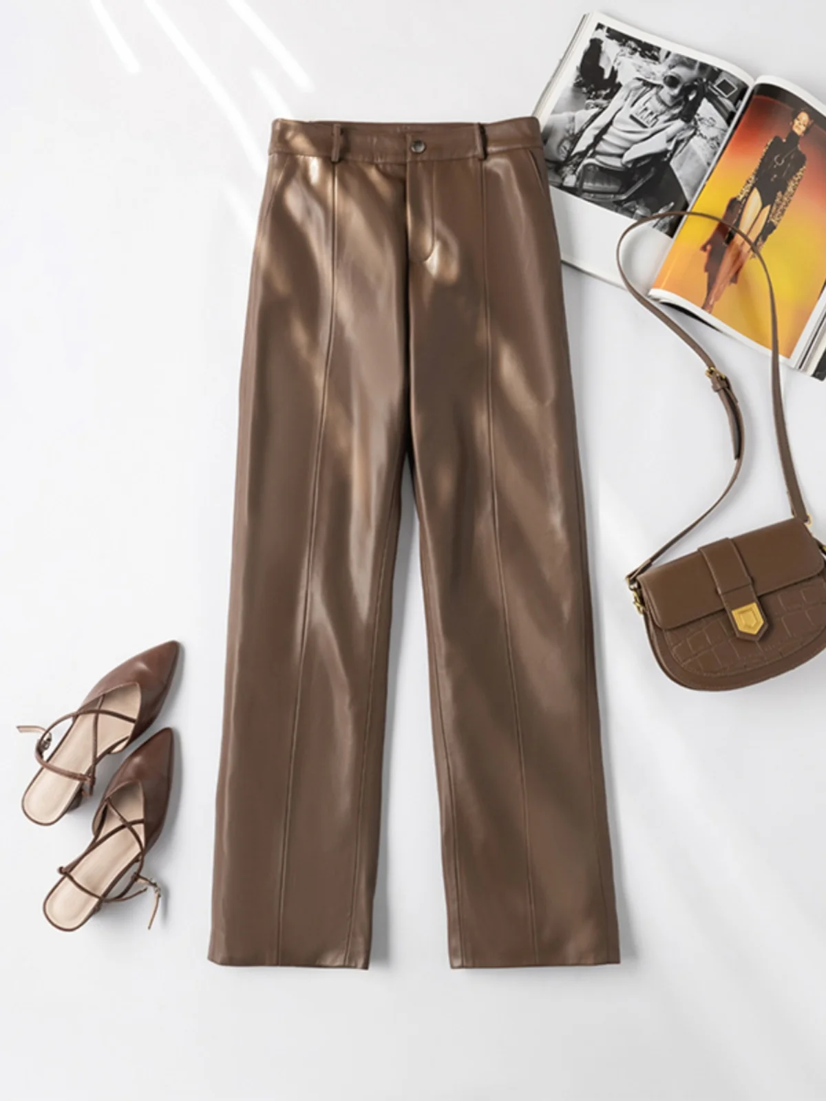 

Новые кожаные брюки из овчины 2025 года: свободные, с высокой талией, широкими штанинами, прямого кроя, универсальные