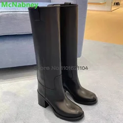 Schwarze quadratische Ferse runde Zehen lange Stiefel für weibliche Frauen 2024 neue Slip-On elegante Leder Stoff solide All-Match-Winters chuhe