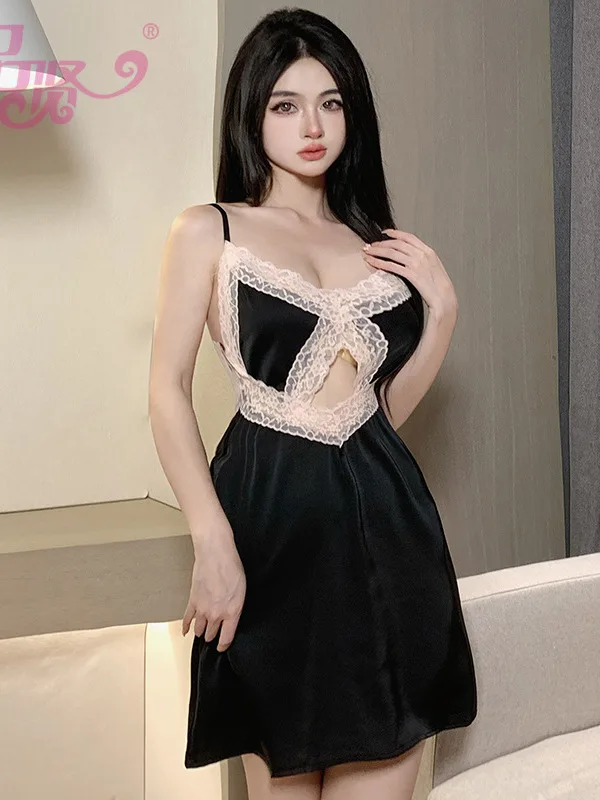 Malha tanque mini vestido de renda estilingue vestido sexy elegante transparente oco para fora renda sexy moda 2023 topos coreano especiarias meninas q12j