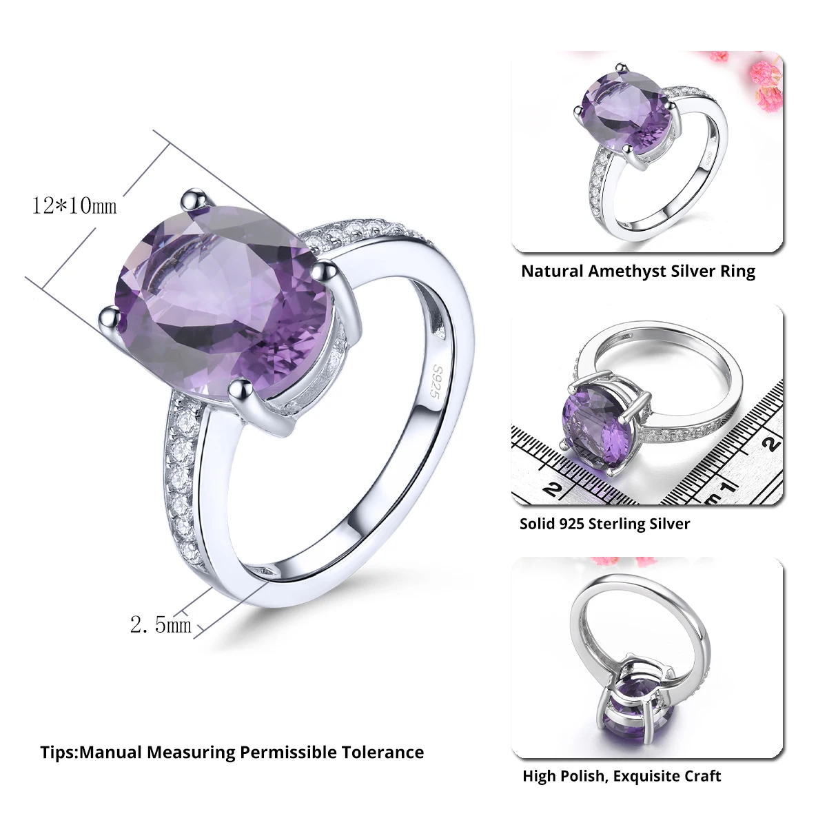 Natural Amethyst 925 Sterling Silver Ring 4.3 Carats Genuine Gemstone Classic Style Fine Jewelry for Anniversary Gift