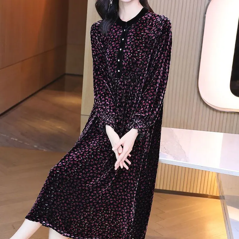 Stylish Vintage Broken Flowers Velvet Midi Dress Autumn Winter Long Sleeve Shirring Women\'s Clothing O-Neck Button Waist Dresses