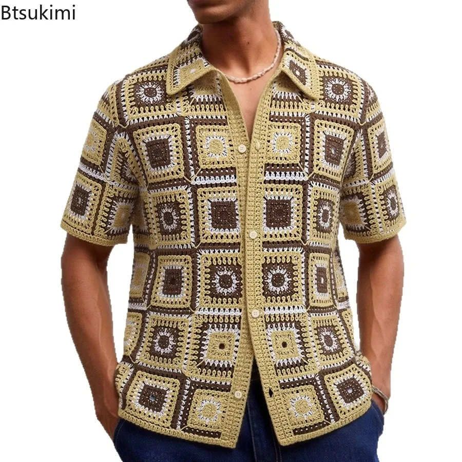 New Men's Knitted Hollow Out Polo Shirts Summer Fashion Short Sleeve Cardigans Retro Ethnic Style Premium Crochet Knitting Shirt