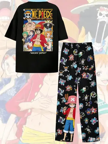 2026 Summer One Piece Straw Hat Crew Print Pajama Set Oversized T-shirt & Pants Unisex Anime Sleepwear Breathable Loungewear